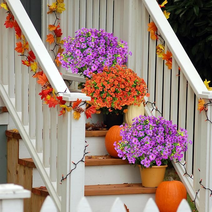 14 Bundles Fake Mums Fake Plants Artificial Mums for Outdoors Artificial Flowers for Yard Porch Home Garden Fall Indoor Outdoor Decor(Purple)