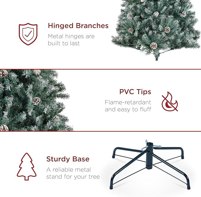 Best Choice Products 6ft Pre-Decorated Holiday Christmas Tree for Home, Office, Party w/1,000 Tips, Partially Flocked, Pinecones, Base – Blue Spruce