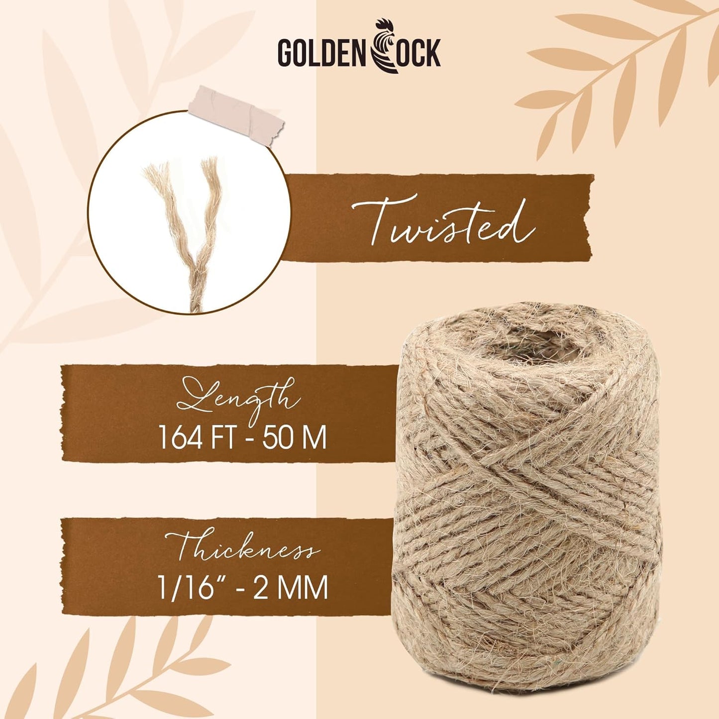 2mm - 164FT Natural Jute Twine Rope String - for Crafts Gardening Plant Accessories Gift Wrapping, Arts Packing Material Christmas Twine Bulk Wedding Decor