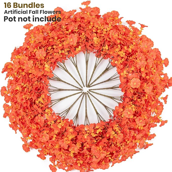 Artificial Faux Flowers for Outdoor 16 Bundles Boxwood Fake Morning Glory for Planter,UV Resistant Fake Flowers for Home Porch Patio Outside (Fall Red)