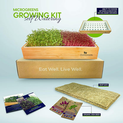 Self Watering Microgreens Growing Kit. Hands Down The Easiest Way to Grow Microgreens. Includes Tray, Seeds, Mats, and Bamboo Surround. Great Gift for Gardeners