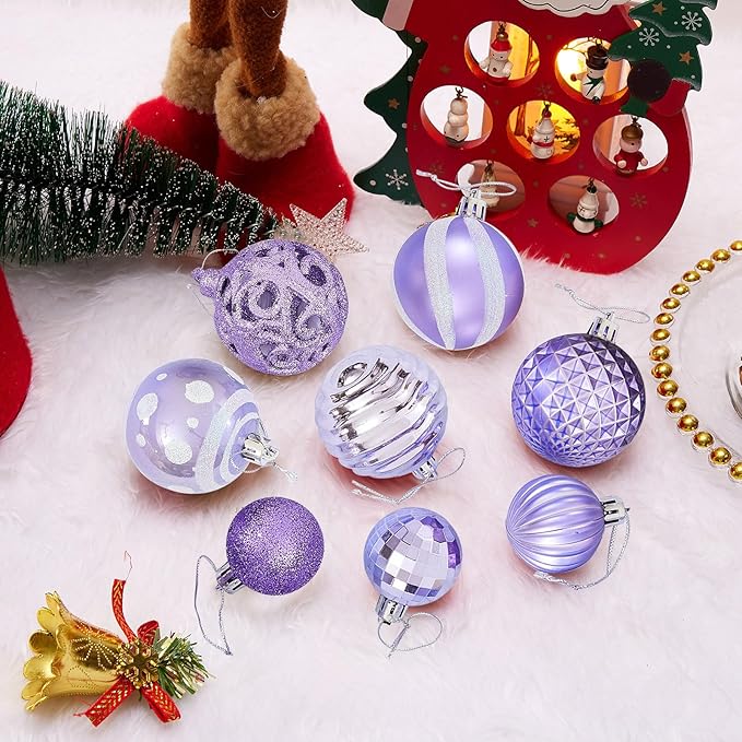 100PCS Christmas Ball Ornaments, Assorted Shatterproof Christmas Tree Decorations, Seasonal Decorative Hanging Baubles Decor Set for Xmas/Holiday/Party, Glitter&Painting Ornament Set (Lavender Purple)
