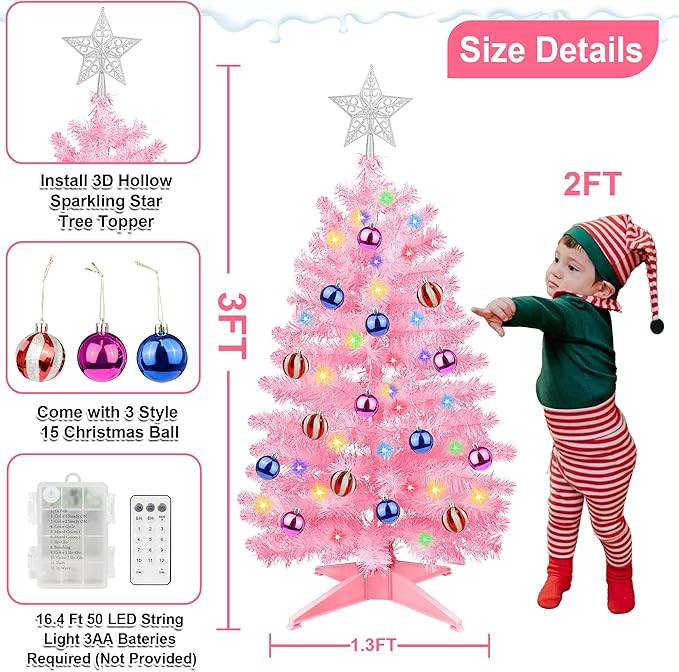 3FT Pink Christmas Tree Tinsel with 50 Warm White & Multi Color Fariy Light 3D Star 15 Ball Ornament, 12 Light Modes Timer Battery Operated Small Artificial Full Xmas Tree Table Indoor Holiday Decor
