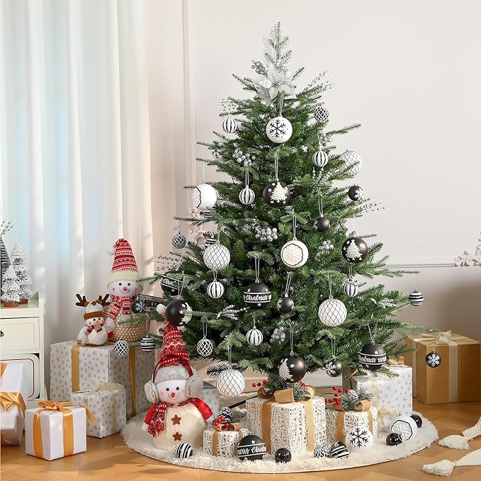 SHareconn 100MM/4 Inch 9PCS Large Christmas Balls Ornaments, Shatterproof Plastic Hanging Big Baubles Set for Xmas Tree Decoration Holiday Party Wedding Decorations with Hook,Black and White