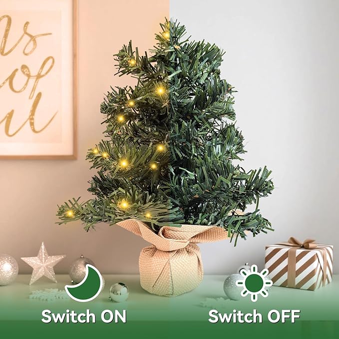 Tabletop Christmas Tree 11.81Inches Mini Artificial Christmas Tree with LED String Lights, Tabletop Small Xmas Tree for Holiday Indoor Christmas Decorations Green