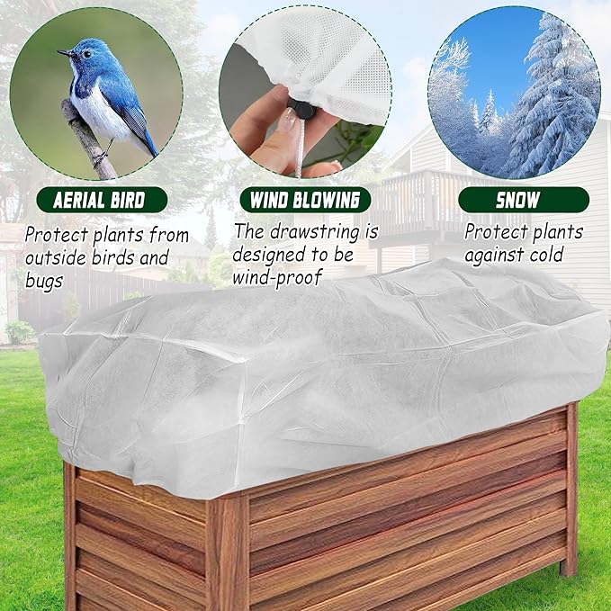Rectangular Plant Cover Frost Big Size for 8×4×2FT Non Woven Fabric Garden Bed Cover with Zip Drawstring for Winter Cover Protection，Raised Beds Protect Plant Vegetable from Winter Frost