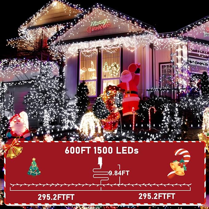 KNONEW 600ft 1500 LED String Lights Outdoor Christmas Lights 8 Modes & Timer Fairy Light Plug in Waterproof LED String Lights for Xmas Yard Tree Wedding Party Holiday Decorations (Cool White)