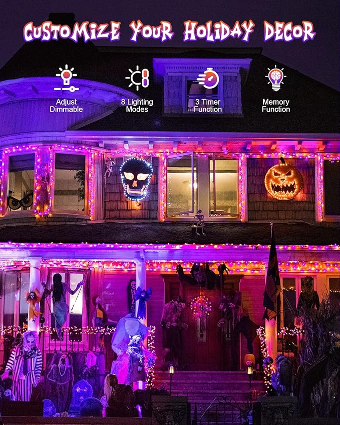 125 FT 380 LED Halloween String Lights, Outdoor Waterproof Black Wire with 8 Modes, Timer & Memory, Plug-in Halloween String Lights for Indoor Yard Tree Decorations, Purple & Orange
