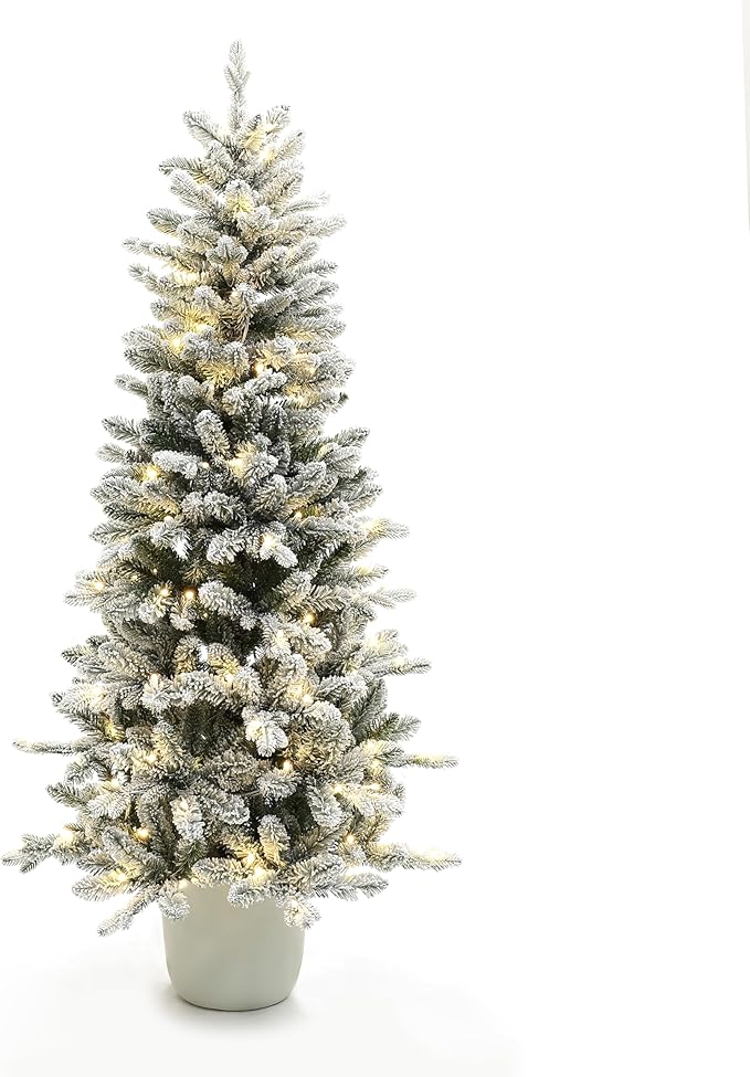 LuxenHome 5FT Small Potted Christmas Tree, 10 Flash Modes Flocked Christmas Tree with Pot, Artificial Xmas Trees with 150 Multi-Color LED Lights, Lighted Pine Trees for Indoor, Outdoor Holiday Display