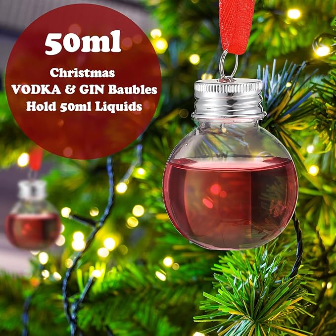 Patelai 18 Pcs Christmas Drink Balls Shot Glass Ornament Plastic Fillable Christmas Tree Ornaments Xmas Water Bottle Bulbs for Holiday Party Indoor Outdoor (Silver Lid)