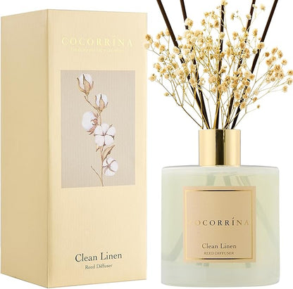 COCORRÍNA Reed Diffuser - Clean Linen 17 Fl.oz Reed Diffuser with 8 Sticks Scented Diffuser with Preserved Flowers for Bathroom Home Decor