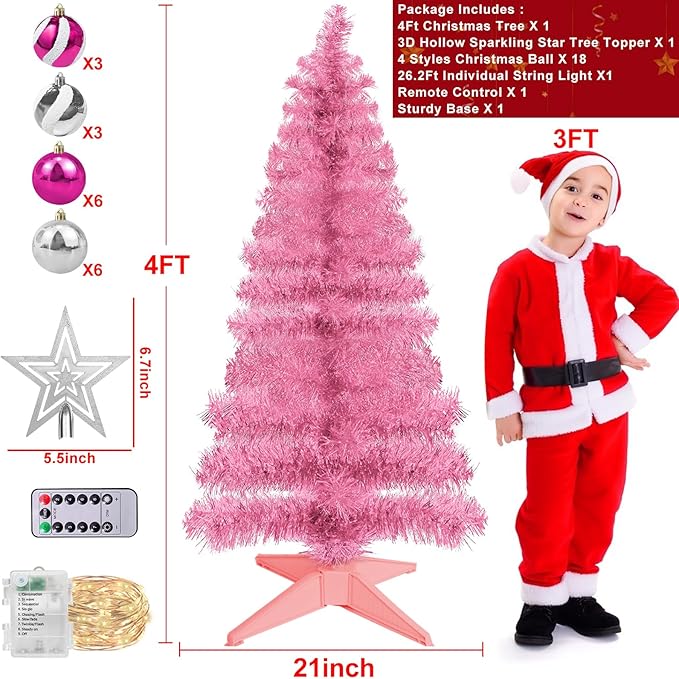 4 Ft Christmas Tree Remote Control 8 Modes Dual Color Change Timer 100 Warm White&Colored Lights 18 Christmas Ball Ornaments 3D Star Battery Operated Small Xmas Tree Table Indoor Holiday Party Decor