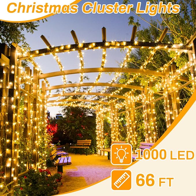Christmas Lights 1000LED 98FT Waterproof Outdoor Timer 8 Modes Twinkle Fairy Lights LED String Lights Indoor Christmas Tree Lights for Wedding Party Yard House Decor