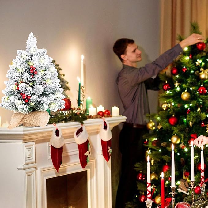 20 Inch Flocked Mini Christmas Tree with Lights, Berries and Cloth Bag Base, Pre-lit Artificial Tree for Tabletop Home Kitchen Livingroom Decoration, White+Green