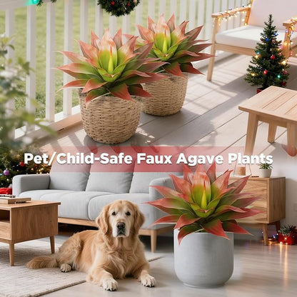 24 Inch Red Artificial Agave Plant with Ground Stake, Realistic Faux Succulents for Home Decor, UV-Resistant Fake Agave Plant for Indoor Outdoor Planters, Porch, Patio, Balcony, Poolside, 2 Pack