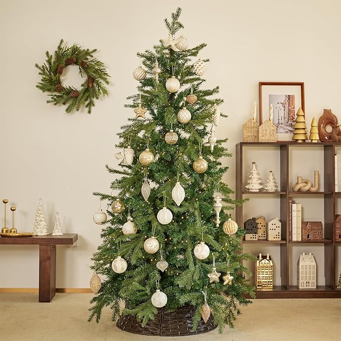 WDS WONDROUS Christmas Ball Ornaments, Vintage Ball & Teardrop Xmas Tree Ornament Set, Hanging Assorted Glass Balls for Holiday Home Party Decor (9Pcs, White & Gold Line)