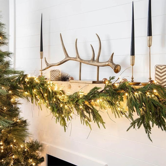 Faux Norfolk Pine Christmas Garland – Real Touch Greenery Artificial Cedar Christmas Garland for Fireplace Mantel, Staircase, Door Frame, Holiday Indoor Winter Décor (Prelit-9FT)