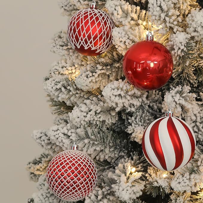SHareconn 80mm Christmas Balls Ornaments,12PCS Colored Shatterproof Plastic Decorative Hanging Tree Decorations Baubles Set for Xmas Tree Decor Holiday Party Wedding Decoration with Lanyard, Red&White