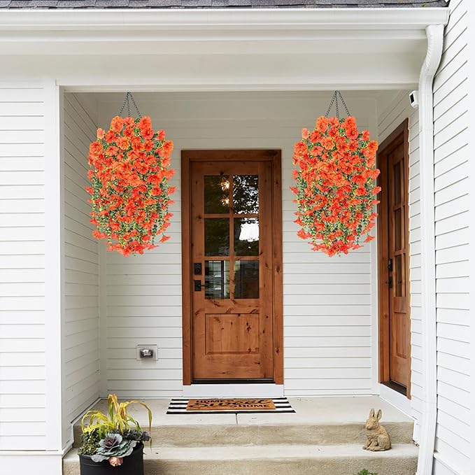Rich and Eye-catching 5 PCS Artificial Hanging Flowers，Silk Morning Glory Faux Flowers with Eucalyptus Leaves,uv Resistant Fake Hanging Petunias Plants for Yard Decoration(Orange)