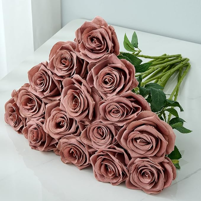 15pcs Dusty Rose Artificial Flowers Roses Fake Silk Flowers Faux Long Stem Artificial Roses for Wedding Party Bridal Show Decorations (VASE is NOT INVLUDED)