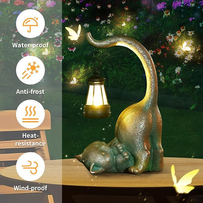 Cat Garden Statue Outside Decor with Lantern for Yard Art Lawn Ornaments Porch Patio Balcony Home House Birthday Gifts for Grandma Mom Women Sister Lover