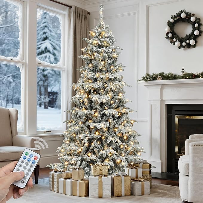 GOOBED 7.5 ft Prelit Snow Flocked Christmas Tree, Layered Spruce Christmas Tree w/ 1010 Thickened Branch Tips, 450 Lights and Remote for Home, Office, Restaurant & Commercial Events, White Flocked