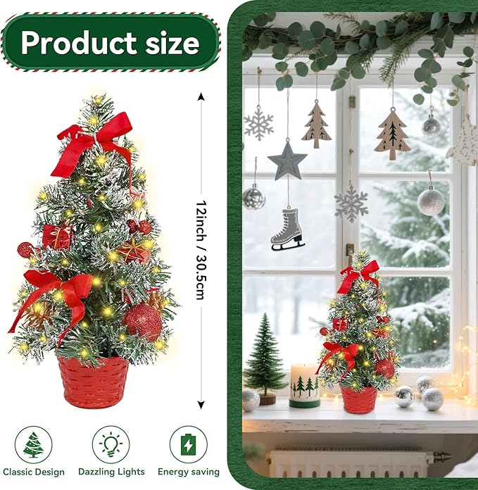 Tabletop Christmas Tree 11.81Inches Mini Artificial Christmas Tree with LED String Lights, Tabletop Small Xmas Tree for Holiday Indoor Christmas Decorations Red