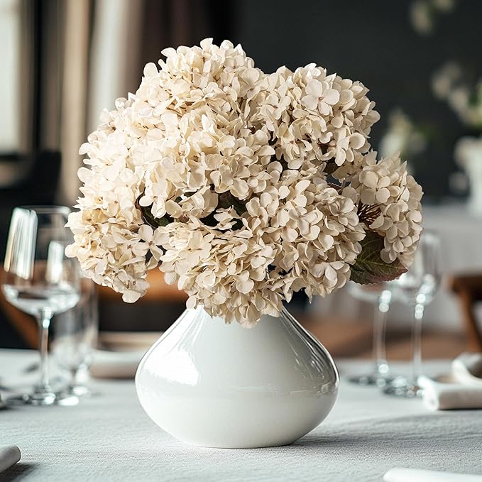 Artificial Flower Fake Silk Hydrangea Heads Bouquet with Stems Bulk for Fall Decoration Table Center Christmas Indoor Outdoor Faux Floral Realistic with Leaves Plants Crafts 8PCS(White)