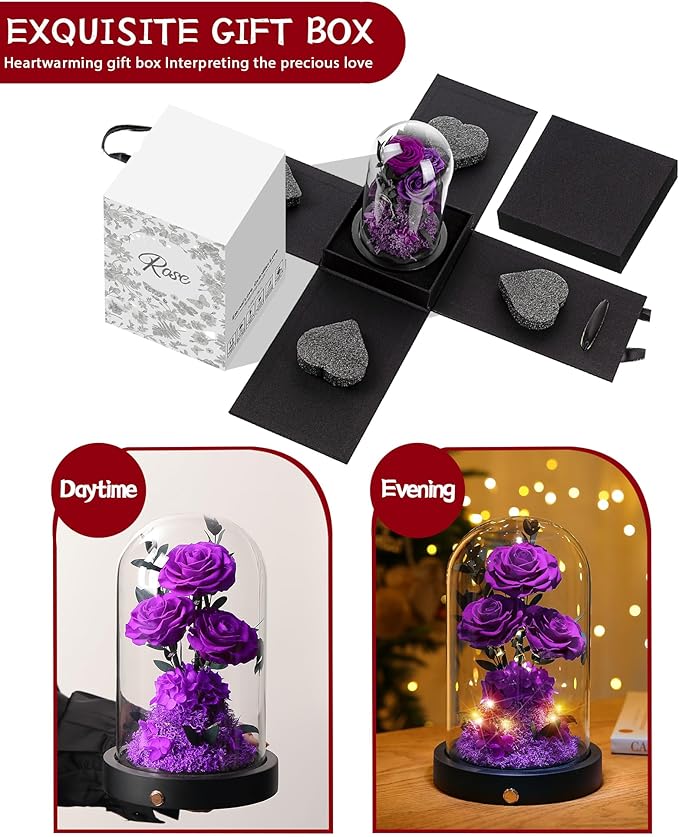 Flowers Roses Gifts for Mom Grandma,Forever Preserved Rose in Glass Dome, Christmas Anniversary Thanksging Birthday Real Roses Gifts for Wife Women Mother in Law/Purple