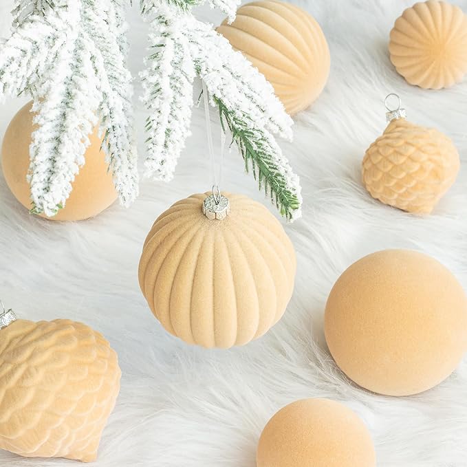 KI Store Velvet Christmas Balls Light Brown 25pcs Flocked Christmas Tree Ornaments for Xmas Holiday Hanging Decor
