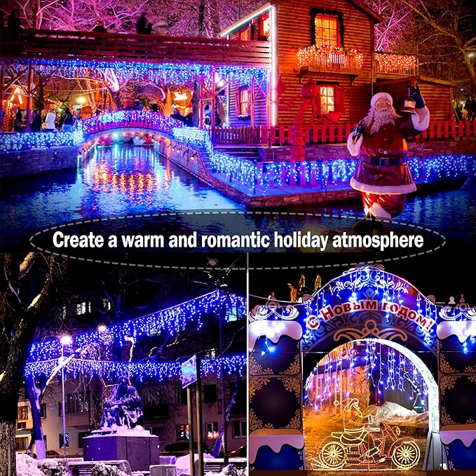Christmas Lights Outdoor Decorations 1216 LED 99ft 8 Modes Curtain Fairy String Light with 228 Drops, Clear Wire LED String Light Indoor Decor for Wedding Party Holiday Christmas Decoration Blue