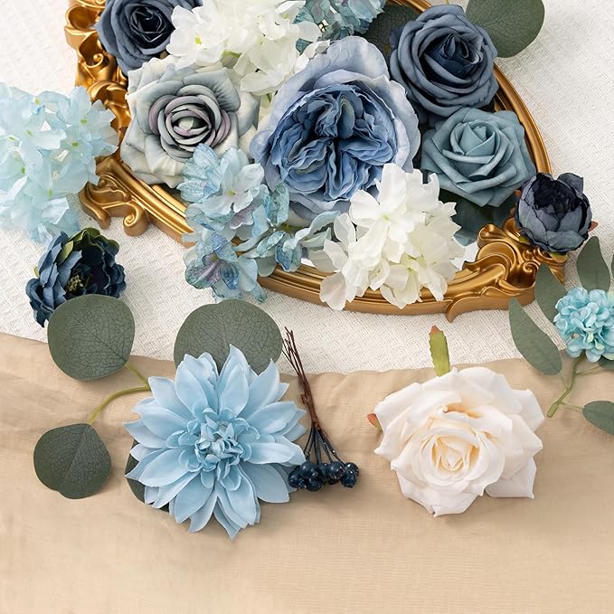 Artificial Flowers Combo Box Set Dusty Blue Flowers for DIY Wedding Bouquet Arrangements Bridal Shower Party Home Decorations(White Blue Rose)