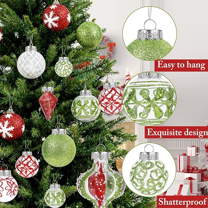 43 PCS Christmas Ball Ornaments Set, Clear Plastic Shatterproof White Red and Green Christmas Ornaments Hanging Balls Baubles Xmas Tree Decorations for Holiday Home Indoor Wedding Party Decor