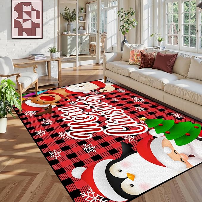 5' X 7' Christmas Area Rugs,Xmas Tree Snowflake Non-Slip Washable Rug Indoor Rugs Floor Mats Carpet for Living Room Bedroom Dining Room Home Decor