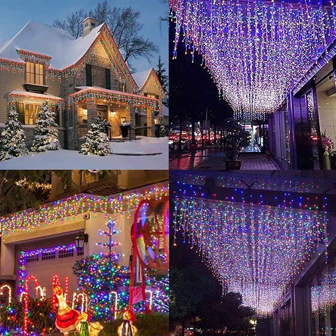 Dazzle Bright Christmas Icicle Lights, 8 Modes Curtain Fairy Lights with Drops, Connectable Xmas String Lights for Outside Holiday Wedding Party Decorations (Multi-Colored, 360 LED)