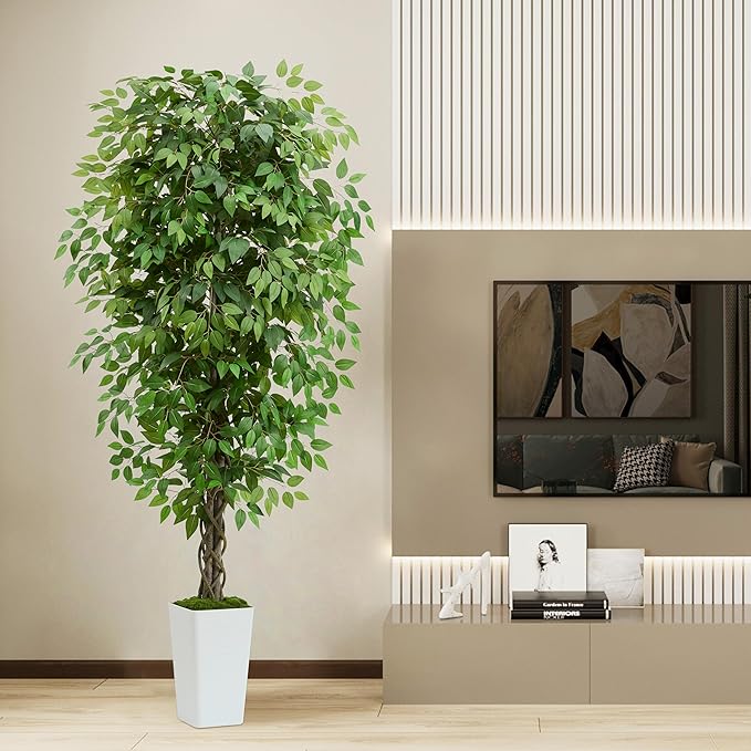 Artificial Ficus Tree 6FT Faux Plants Indoor Tall Fake Plants with White Planter, Green Lifelike Lush Fake Ficus Tree for Home Living Room Bedroom Outdoor Balcony House Office Decor