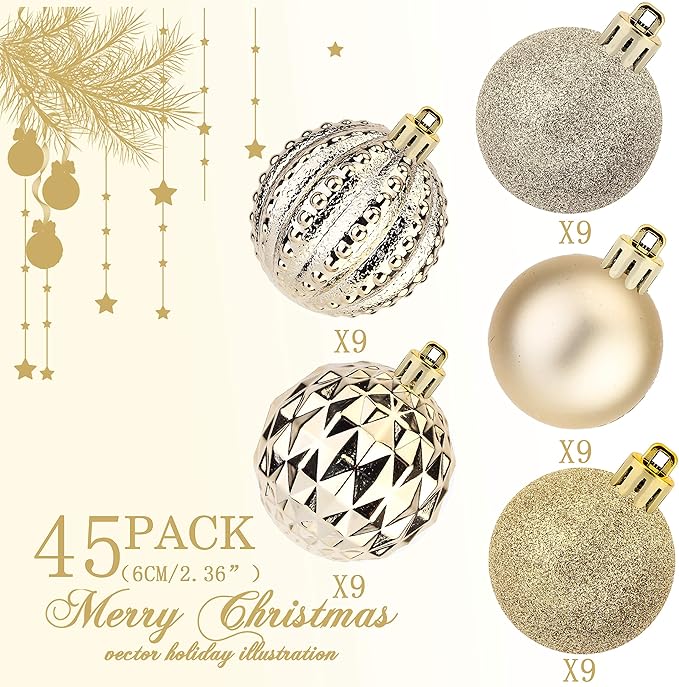 45Pcs 6cm/2.36inch Christmas Balls Glitter Christmas Tree Ornaments Hanging Christmas Home Decorations for Home House Bar Party(Platinum/Gold)