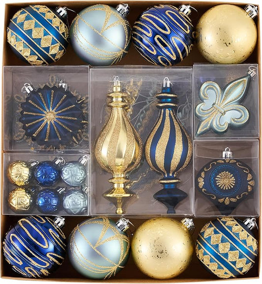 Valery Madelyn Fall Ornaments for Christmas Trees, 60ct Blue and Gold Shatterproof Christmas Tree Decorations, Luxury Hanging Ball Ornaments Bulk for Thanksgiving Autumn Harvest Decor