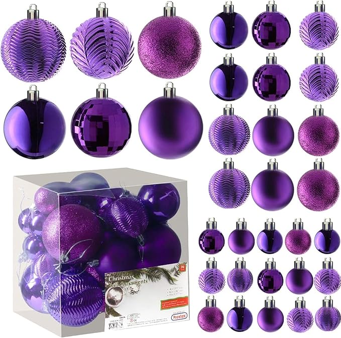 Prextex 36-Pieces Purple Christmas Ornaments Set - Shatterproof, Festive Christmas Ball Ornaments in 3 Sizes and 6 Styles with Hanging Loops for Tree, Wreath, and Dazzling Holiday Party Decorations