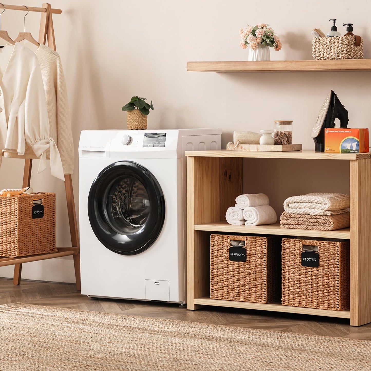 UBBCARE 4 Pack Wicker Basket, 10.5×10.5 Storage Cubes with Label, Foldable Cube Storage Bin with Handle, Square Storage Basket for Shelves, Woven Paper Rope Basket for Organizing, Caramel