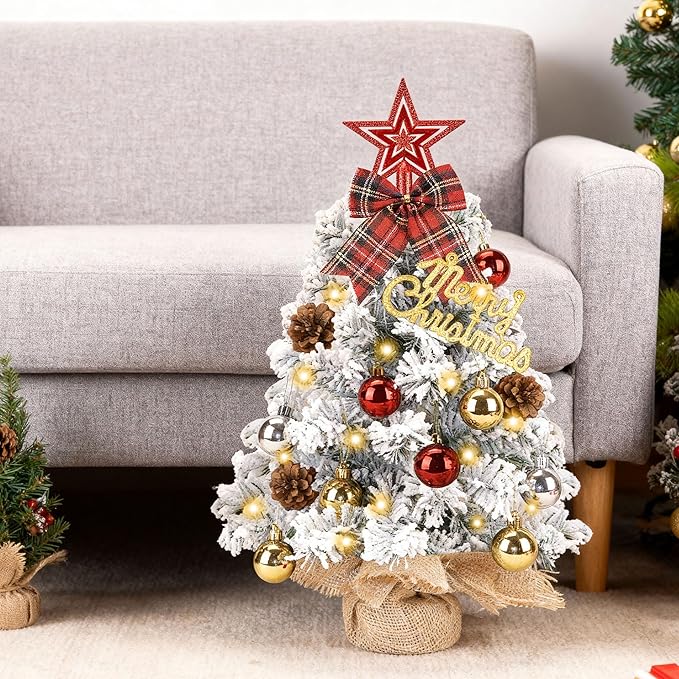Mini Christmas Tree Tabletop Set with LED Lights, 2FT Artificial Small Xmas Tree Prelit with Star Treetop and Hanging Ornaments for Home Cafe Office, Snow Flocked, White