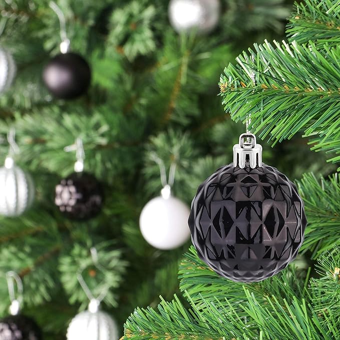 45Pcs 6cm Christmas Glitter Ball Ornaments, Shatterproof Plastic Xmas Tree Decorations for Holidays, Weddings, Parties - Black, White, Silver