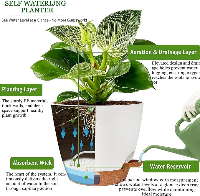 Self Watering Pots for Inoor Ourdoor Plants 10/9/8/7/6.5 Inch Plastic Planters with Drainage Holes & Water Level Indicator, Decorative House Flower Nursery Planting Pots with Saucers ((White)