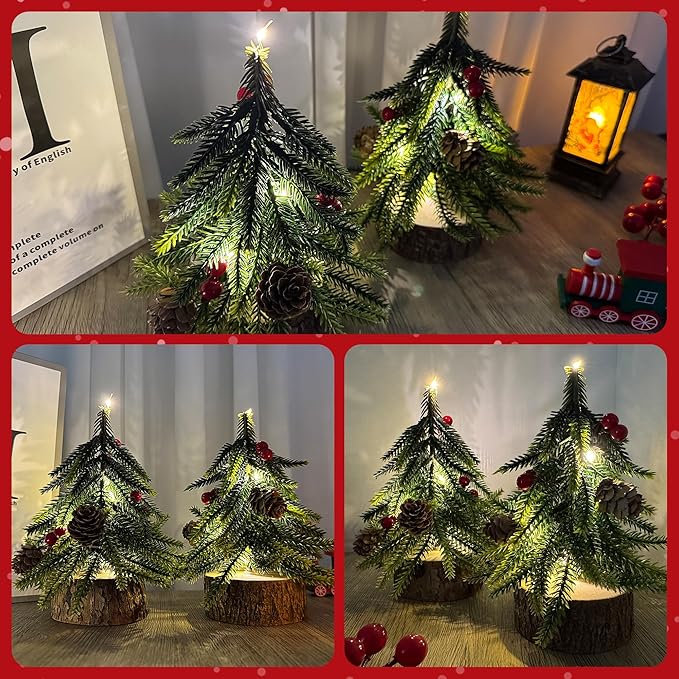 2 Pack Artificial Christmas Tabletop Mini Pine Trees, 6.5 in Tall Lighted Holiday Decorations with Wooden Base, Red Berries, Pine Cones for Home Table Windowsill Office Desk Desk Mantel