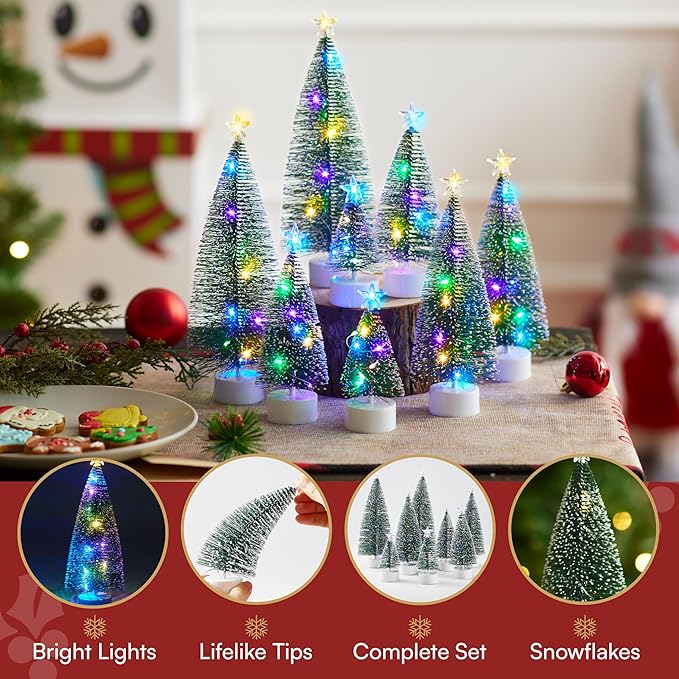 JOYIN 8 Pcs Mini Xmas Decor with LED Lights, Prelit Classic Small Christmas Tree in 4 Sizes with Star Topper, Tabletop Artificial Tree with Snow for Xmas Indoor Home Decor Holiday Festive (Green)