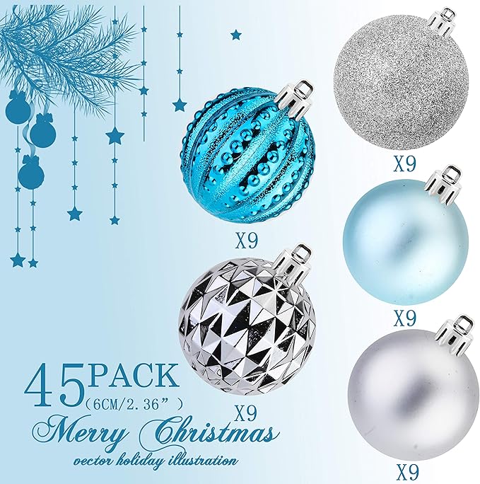 45Pcs 6cm/2.36inch Christmas Balls Glitter Ornaments Set, Shatterproof Plastic Xmas Tree Hanging Ornament, Christmas Decorations Balls for Holiday Festival Wedding House Bar Party(Blue/Silver)