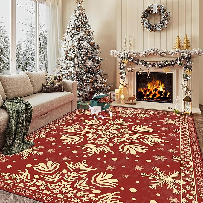 6' X 9' Christmas Rug Snowflake Area Rugs Washable Non-Slip for Bedroom Living Room Dining Room Classroom Nursery Merry Christmas Carpet for Kids Girls Women Floor Mat Pad