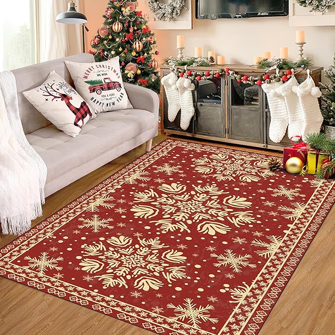 5' X 7' Christmas Rugs Indoor Snowflake Area Rugs for Bedroom Living Room Dining Room Nursery Dorm Classroom Vintage Xmas Carpet for Kids Girls Women Floor Mat Pad