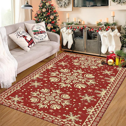 5' X 7' Christmas Rugs Indoor Snowflake Area Rugs for Bedroom Living Room Dining Room Nursery Dorm Classroom Vintage Xmas Carpet for Kids Girls Women Floor Mat Pad
