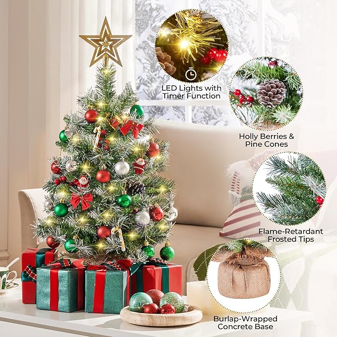 Yaheetech Set of 2 Pre-Lit Artificial Mini Christmas Tree, 2ft Frosted Tabletop Small Christmas Tree with LED Lights, Red Berries & Natural Pinecones for Holiday Decoration